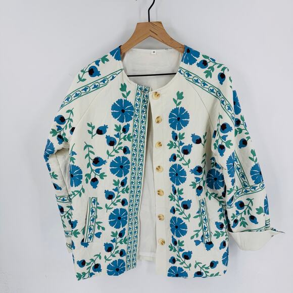 Floral Print Button Front Jacket Cream Blue Green Folk Art Style Size S - Picture 9 of 9